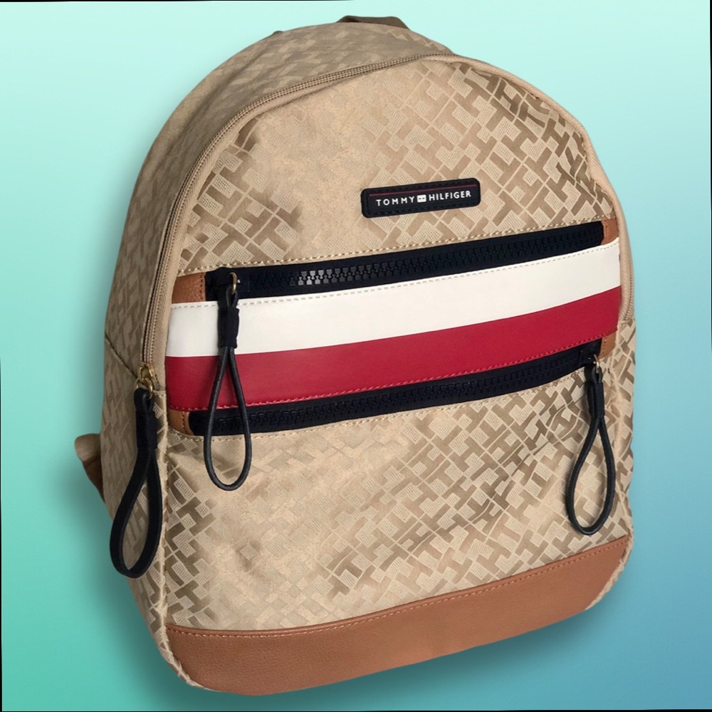 NWT Tommy Hilfiger Beige Multi Canvas Back Pack Red White Blue Stripe FREE SHIP